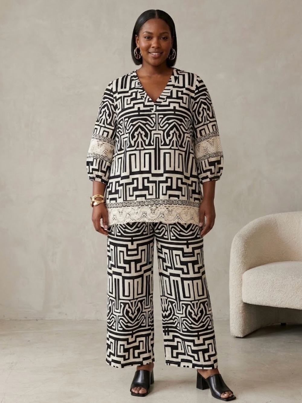 NWT Cynthia Rowley Linen Blend Geometric Wide-Leg Pants Set